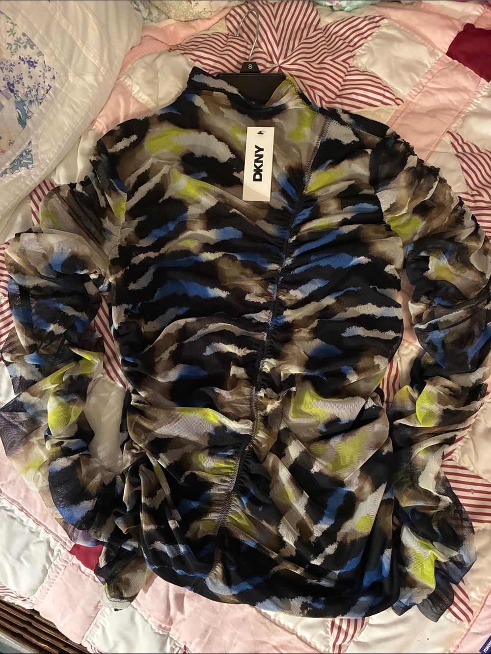 NWT DKNY Black, Blue & Yellow Abstract Print Sheer Top Sz Small